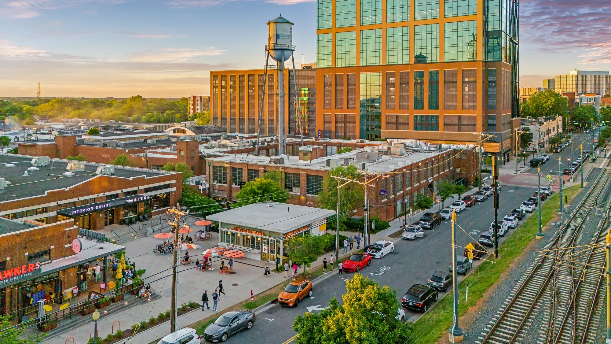 Aerial image of plaza area at Design Center showing water tower, street, and LYNX